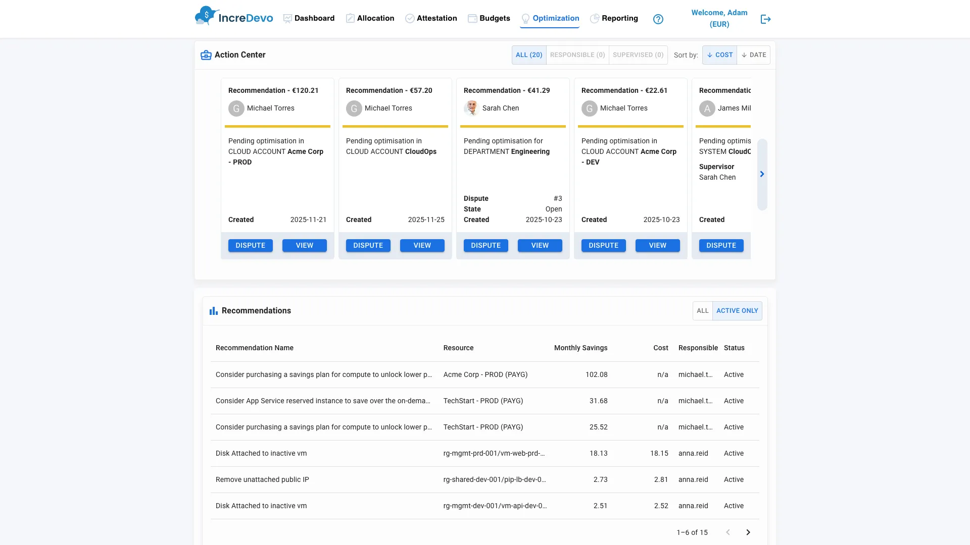 CloudCost optimization page showing savings recommendations with monthly savings estimates and action cards